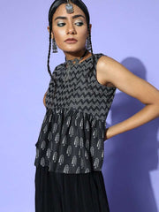 Black Cotton Blend Printed Crop Top - Inddus.com