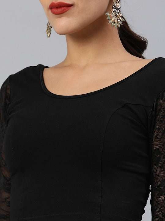 Black Cotton Stretch Saree Blouse with Lace Detail - Inddus.com
