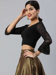 Black Cotton Stretch Saree Blouse with Lace Detail - Inddus.com