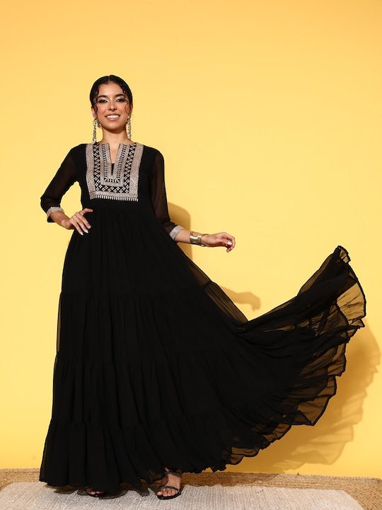 Black Embellished Embroidered Georgette Maxi Dress - Inddus.com