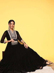 Black Embellished Embroidered Georgette Maxi Dress - Inddus.com