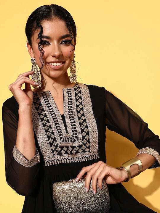 Black Embellished Embroidered Georgette Maxi Dress - Inddus.com
