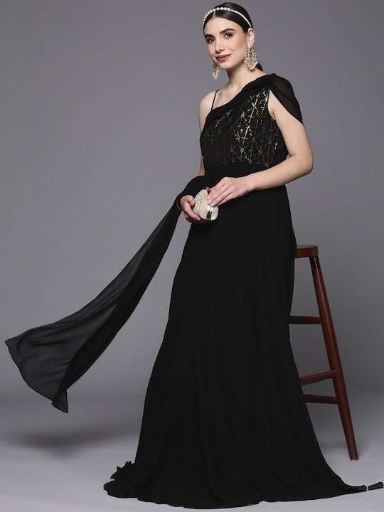 Black Embellished One Shoulder Georgette Maxi Dress - Inddus.com