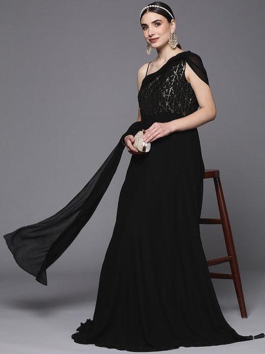 Black Embellished One Shoulder Georgette Maxi Dress - Inddus.com