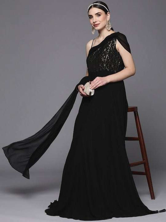 Black Embellished One Shoulder Georgette Maxi Dress - Inddus.com
