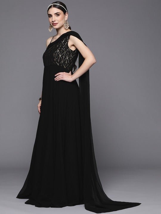 Black Embellished One Shoulder Georgette Maxi Dress - Inddus.com