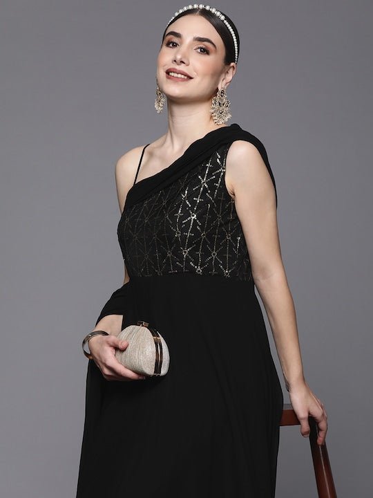 Black Embellished One Shoulder Georgette Maxi Dress - Inddus.com