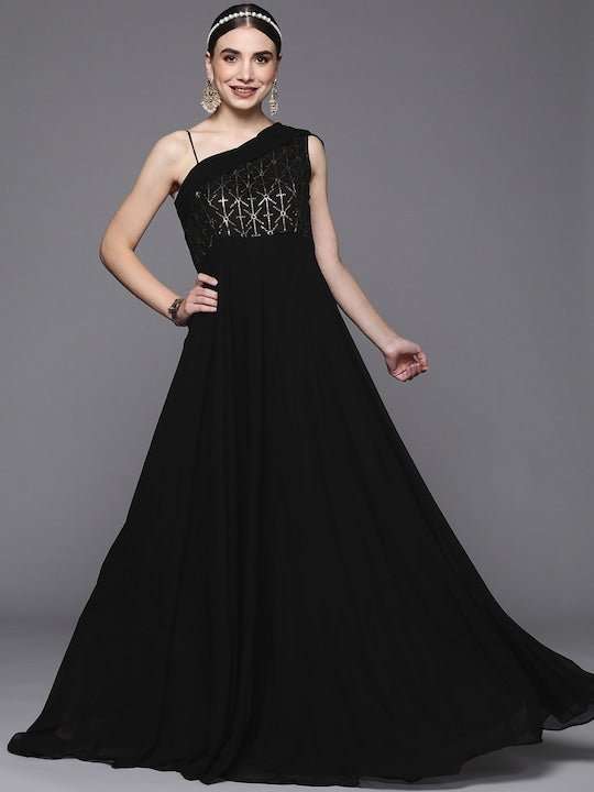 Black Embellished One Shoulder Georgette Maxi Dress - Inddus.com