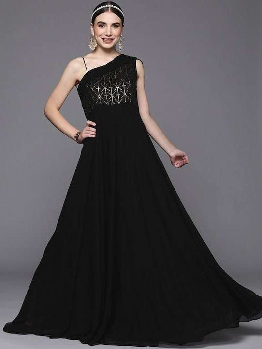 Black Embellished One Shoulder Georgette Maxi Dress - Inddus.com