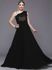 Black Embellished One Shoulder Georgette Maxi Dress - Inddus.com