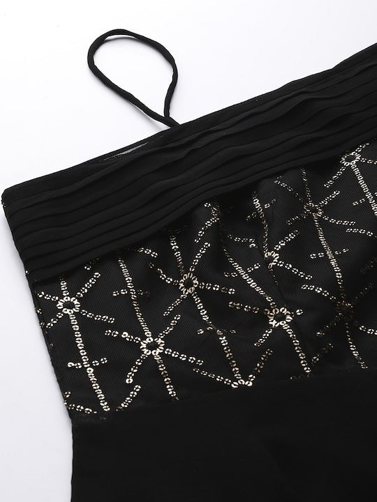 Black Embellished One Shoulder Georgette Maxi Dress - Inddus.com