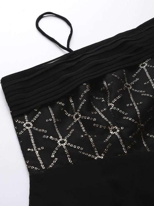Black Embellished One Shoulder Georgette Maxi Dress - Inddus.com