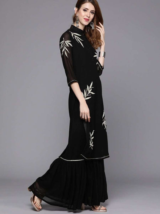 Black Embroidered Kurta with Sharara - inddus-us