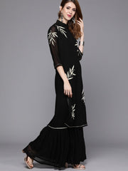 Black Embroidered Kurta with Sharara - inddus-us