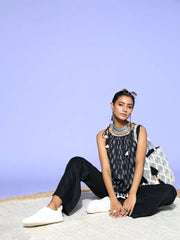 Black Ethnic Motif Shoulder Tie-up Co-Ords - Inddus.com