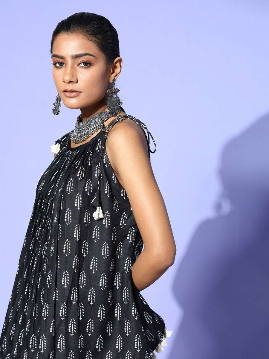 Black Ethnic Motif Shoulder Tie-up Co-Ords - Inddus.com