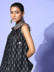 Black Ethnic Motif Shoulder Tie-up Co-Ords - Inddus.com