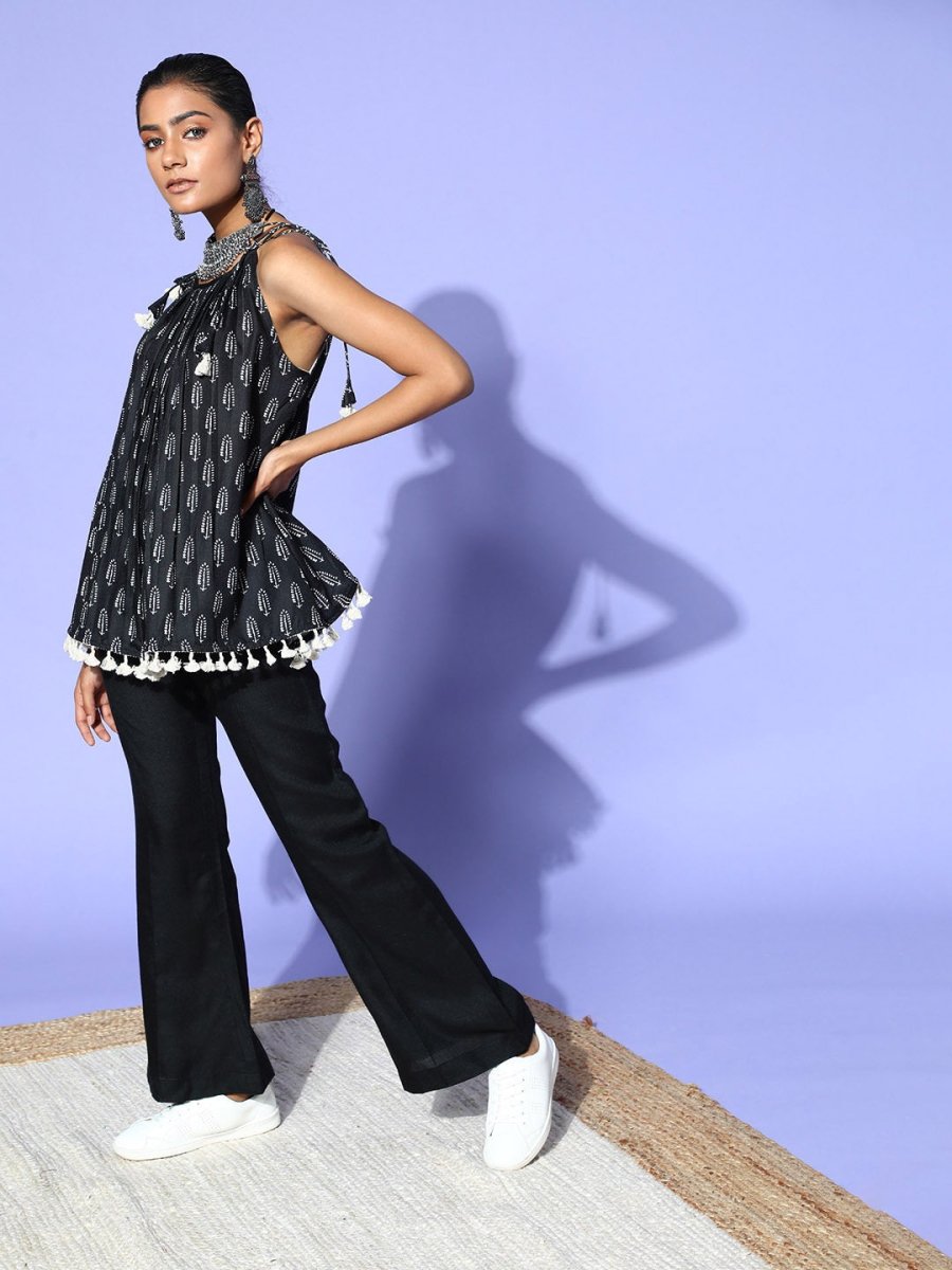 Black Ethnic Motif Shoulder Tie-up Co-Ords - Inddus.com