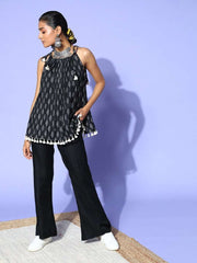 Black Ethnic Motif Shoulder Tie-up Co-Ords - Inddus.com