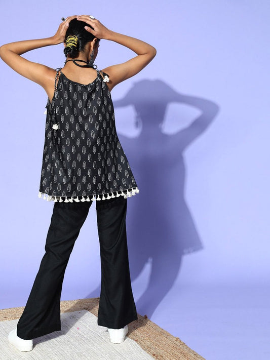 Black Ethnic Motif Shoulder Tie-up Co-Ords - Inddus.com