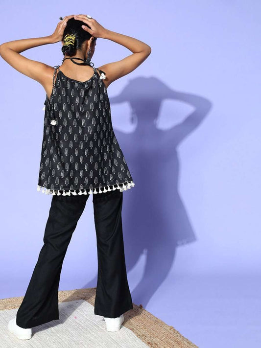 Black Ethnic Motif Shoulder Tie-up Co-Ords - Inddus.com
