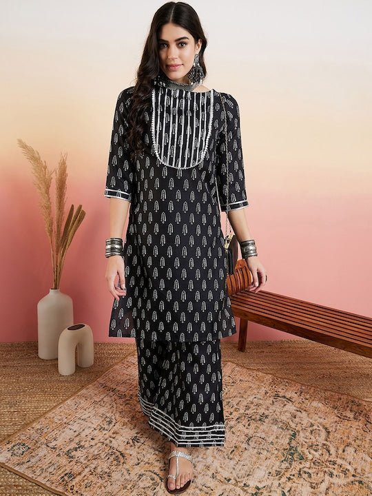 Black Ethnic Motifs Printed Regular Kurta With Palazzo - Inddus.com