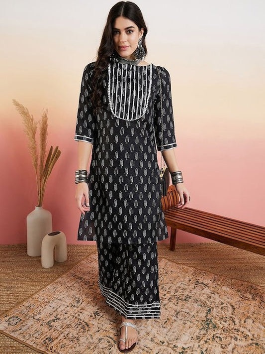 Black Ethnic Motifs Printed Regular Kurta With Palazzo - Inddus.com