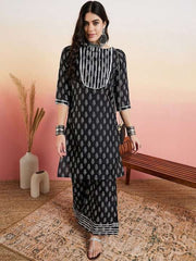 Black Ethnic Motifs Printed Regular Kurta With Palazzo - Inddus.com