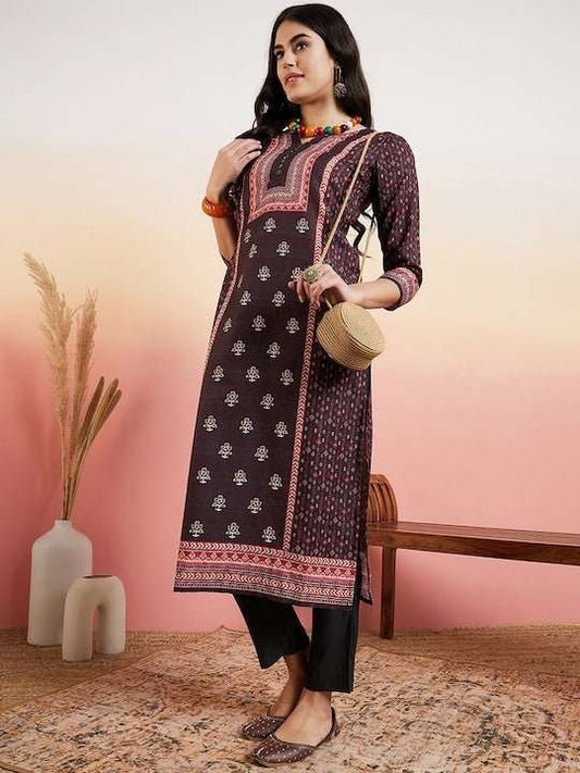 Black Ethnic Motifs Printed Regular Pure Cotton Kurta With Trouser - Inddus.com
