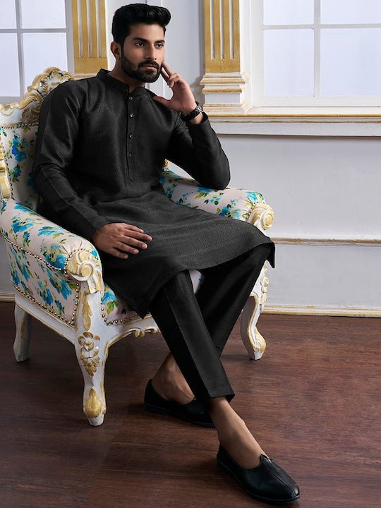 Black Ethnic Motifs Woven Design Kurta with Trousers - Inddus.com