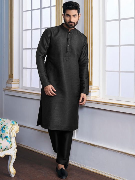 Black Ethnic Motifs Woven Design Kurta with Trousers - Inddus.com