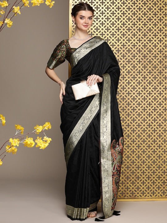 Black Ethnic Motifs Woven Design Zari Saree - Inddus.com