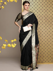 Black Ethnic Motifs Woven Design Zari Saree - Inddus.com