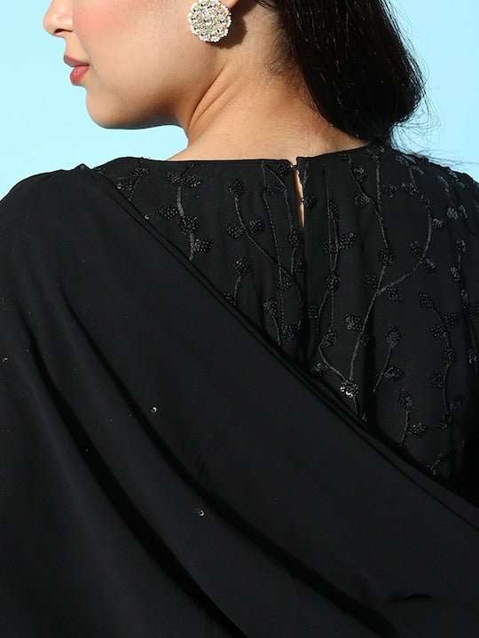 Black Floral Embroidered Georgette Ethnic Gown With Dupatta - Inddus.com