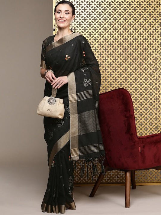 Black Floral Embroidered Linen Blend Banarasi Saree - Inddus.com