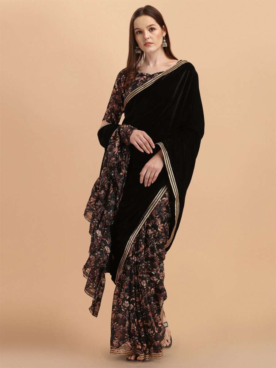 Black Floral Gotta Patti Velvet Saree - Inddus.com