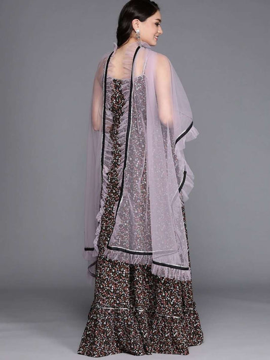 Black Floral Printed Anarkali Kurta with Net Ruffled Dupatta - Inddus.com