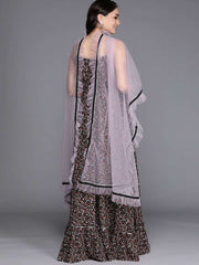 Black Floral Printed Anarkali Kurta with Net Ruffled Dupatta - Inddus.com