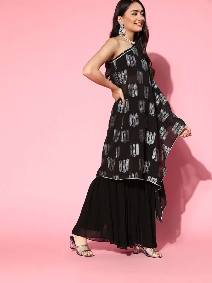 Black Foil Print Kurta with Sharara - Inddus.com