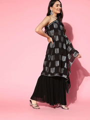 Black Foil Print Kurta with Sharara - Inddus.com