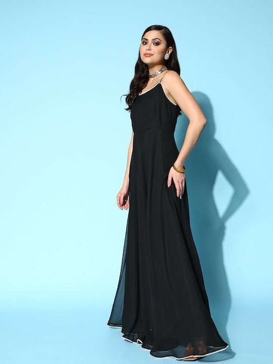 Black Georgette Ethnic Gown With Embroidered Jacket - Inddus.com