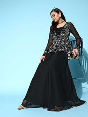 Black Georgette Ethnic Gown With Embroidered Jacket - Inddus.com