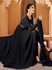 Black Georgette Partywear High-Slit-Style-Suit with Pant - Inddus.com
