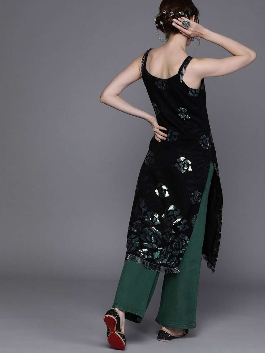 Black Georgette Sequins Kurta - Inddus.com