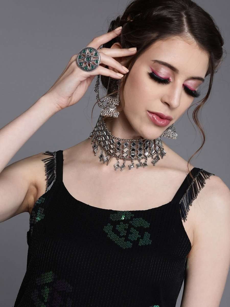 Black Georgette Sequins Kurta - Inddus.com