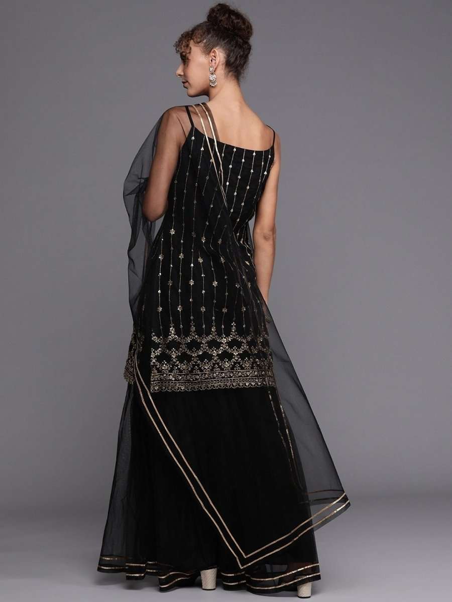 Black Gold Embroidered Kurta with Layered Sharara and Net Dupatta - Inddus.com