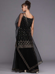 Black Gold Embroidered Kurta with Layered Sharara and Net Dupatta - Inddus.com