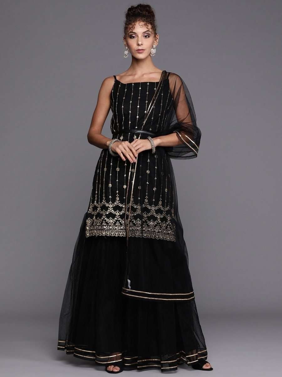 Buy Black Gold Embroidered Kurta with Layered Sharara and Net Dupatta Online at Inddus.com Buy Black Gold Embroidered Kurta with Layered Sharara and Net Dupatta Online at Inddus.com