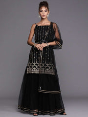 Black Gold Embroidered Kurta with Layered Sharara and Net Dupatta - Inddus.com