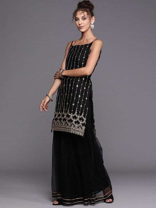 Black Gold Embroidered Kurta with Layered Sharara and Net Dupatta - Inddus.com